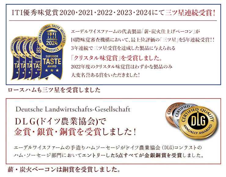 世界各国の味覚のスペシャリスト達によって審査されるITI優秀味覚賞2021にて2年連続三ツ星受賞★★★DLGドイツ農業協会コンテストのハムソーセージ部門においてエントリーした5点すべてが金銀銅賞を受賞しました