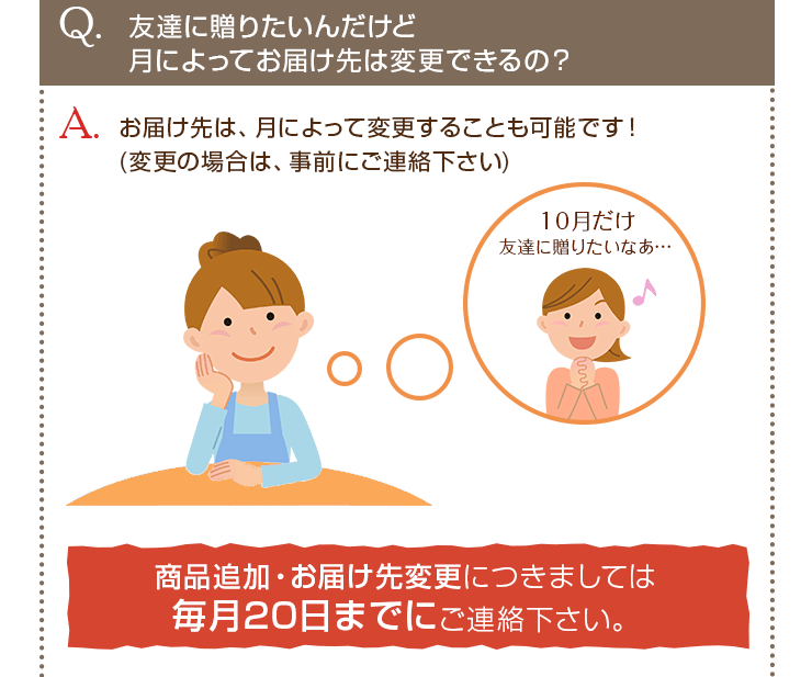 お届け先は、月によって変更することも可能です！(変更の場合は、事前にご連絡下さい)