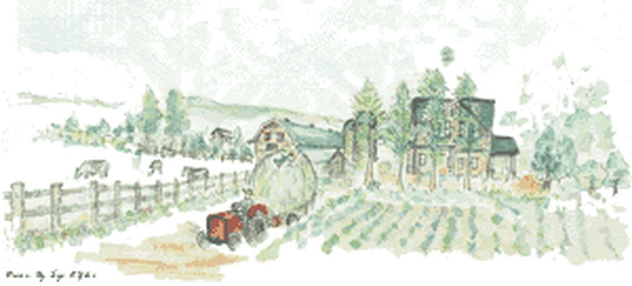 牧場の全景を描いた水彩画。牛舎とサイロ、耕したばかりの畑と牧草ロール