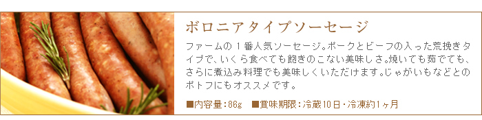 ボロニアタイプソーセージはファーム一番人気のソーセージ。ポークとビーフの入った粗挽きタイプで、飽きのこない味わいです。