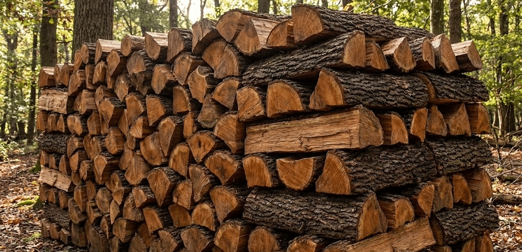 2年間自然乾燥させたオークの薪が積み上げられている様子