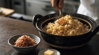 北海道産とうもろこしと玉ねぎを加えたベーコンの炊き込みご飯