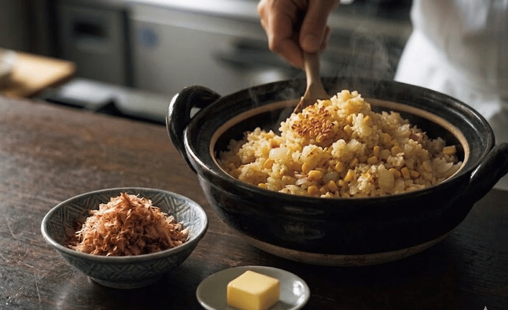 北海道産とうもろこしと玉ねぎを加えたベーコンの炊き込みご飯