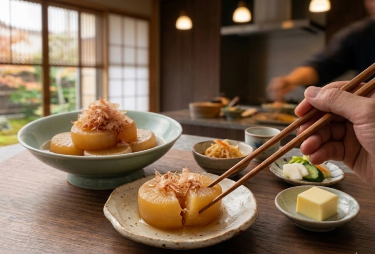かつお昆布だしで煮た大根に、ベーコン節をのせた和風の煮物