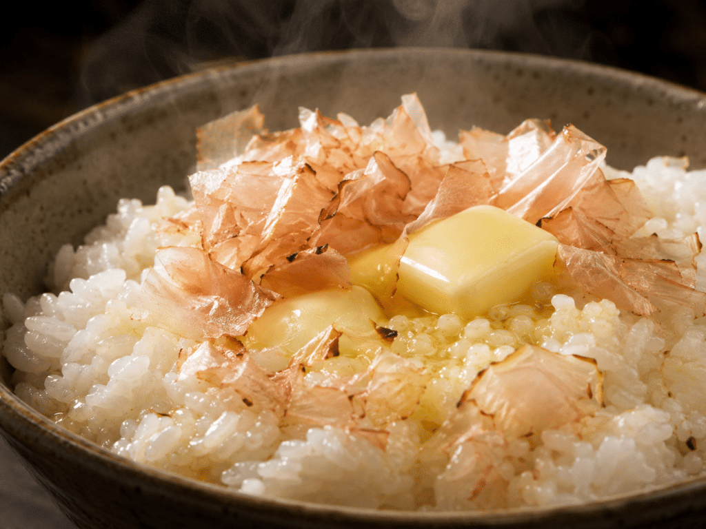薄く削られたベーコン節から立ち上るオーク材の薫香とバターが、温かいお米の熱でじんわり馴染む贅沢なTKGの様子
