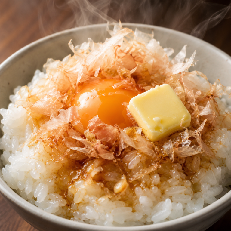 卵とバターをのせたご飯の上に、ベーコン節を広げた卵かけご飯