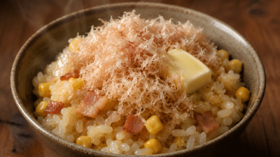 北海道産とうもろこしと玉ねぎを加えたベーコンの炊き込みご飯