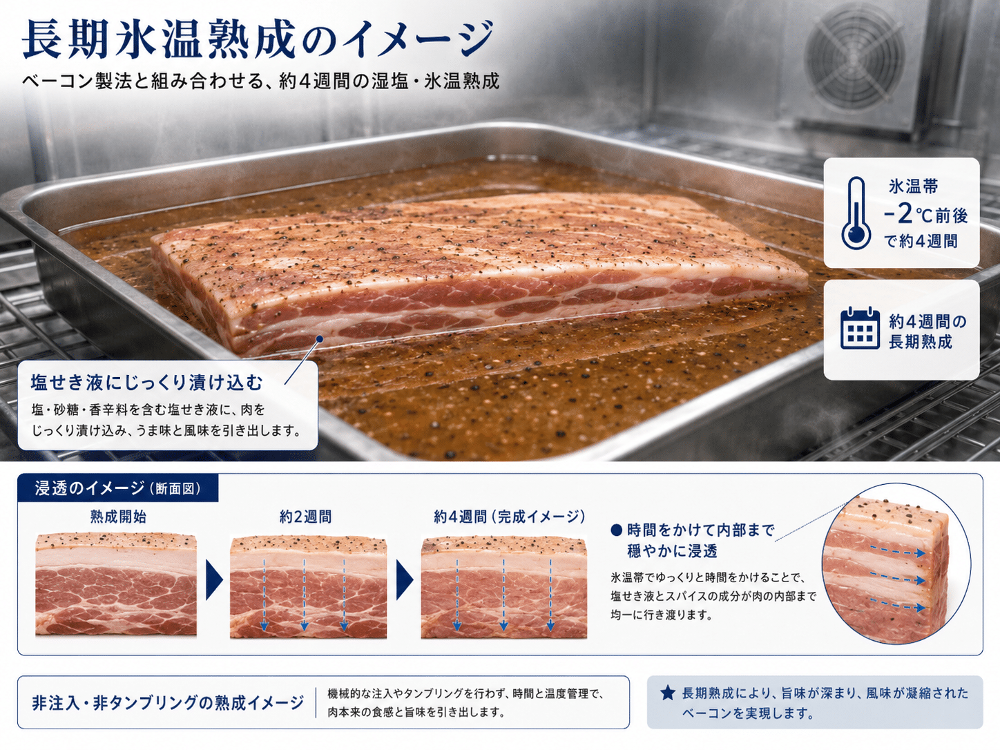 ベーコンの製法と組み合わせる長期氷温熟成のイメージ