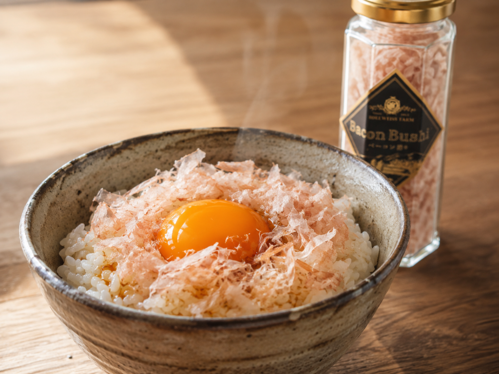 【AIによるイメージ画像】ご飯の上でふんわりと薫る「ベーコン節®」