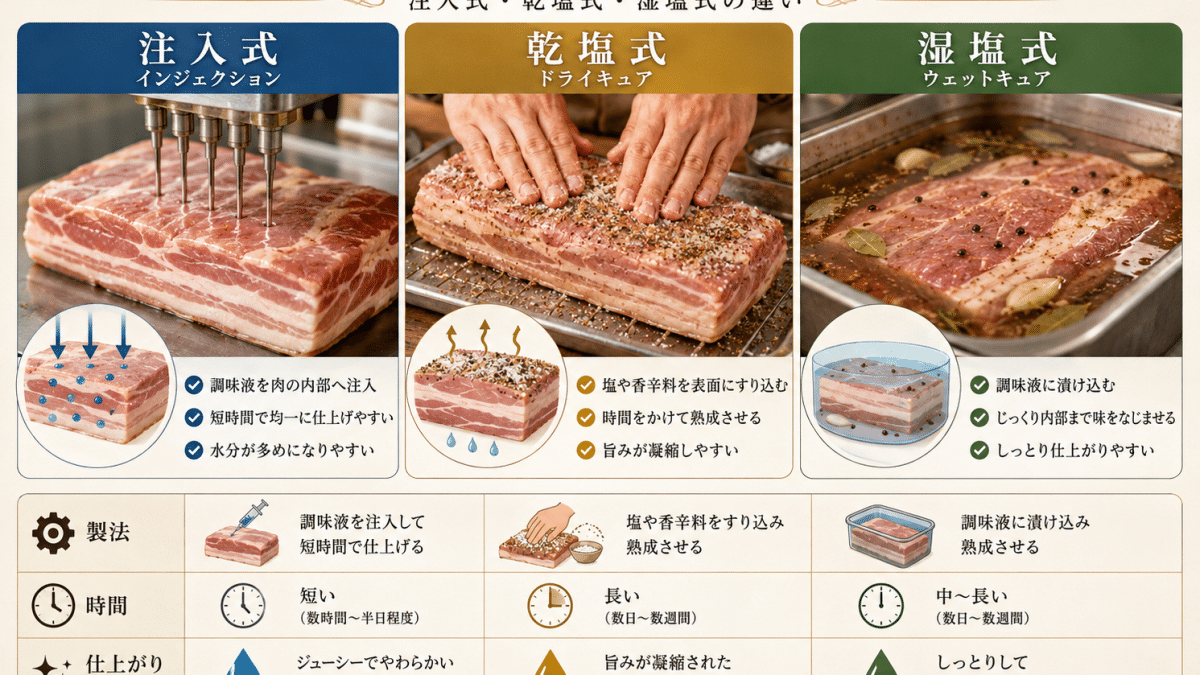 ベーコン製造の違い｜インジェクション・ドライ・ウェットを比較