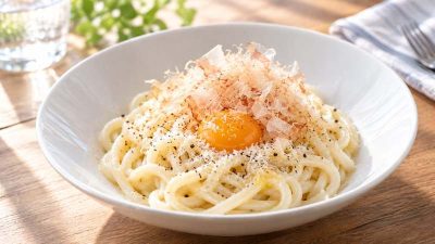 ベーコン節®のぶっかけうどん｜卵黄と黒こしょうで作る冷やしカルボ風