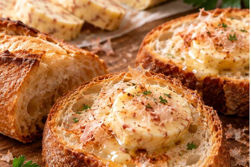 ベーコン節®を混ぜ込んだ合わせバターと、それをのせた焼きたてのパン