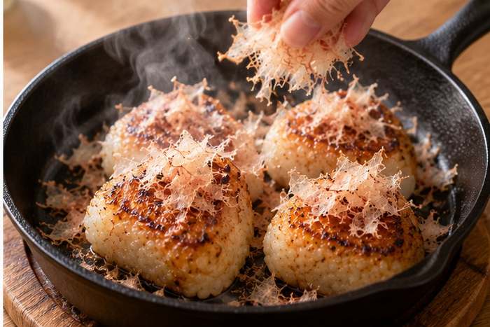 焼き上がった焼きおにぎりの上で、余熱にベーコン節®が反応しているところ